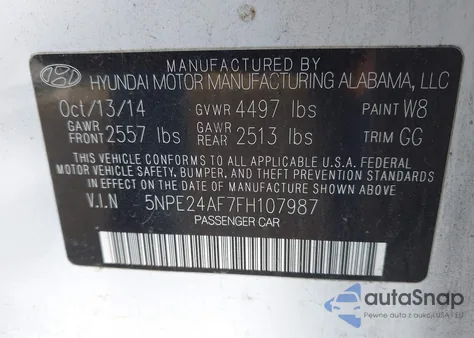 2015 Hyundai Sonata Se z USA, uszkodzony, nr VIN 5NPE24AF7FH107987